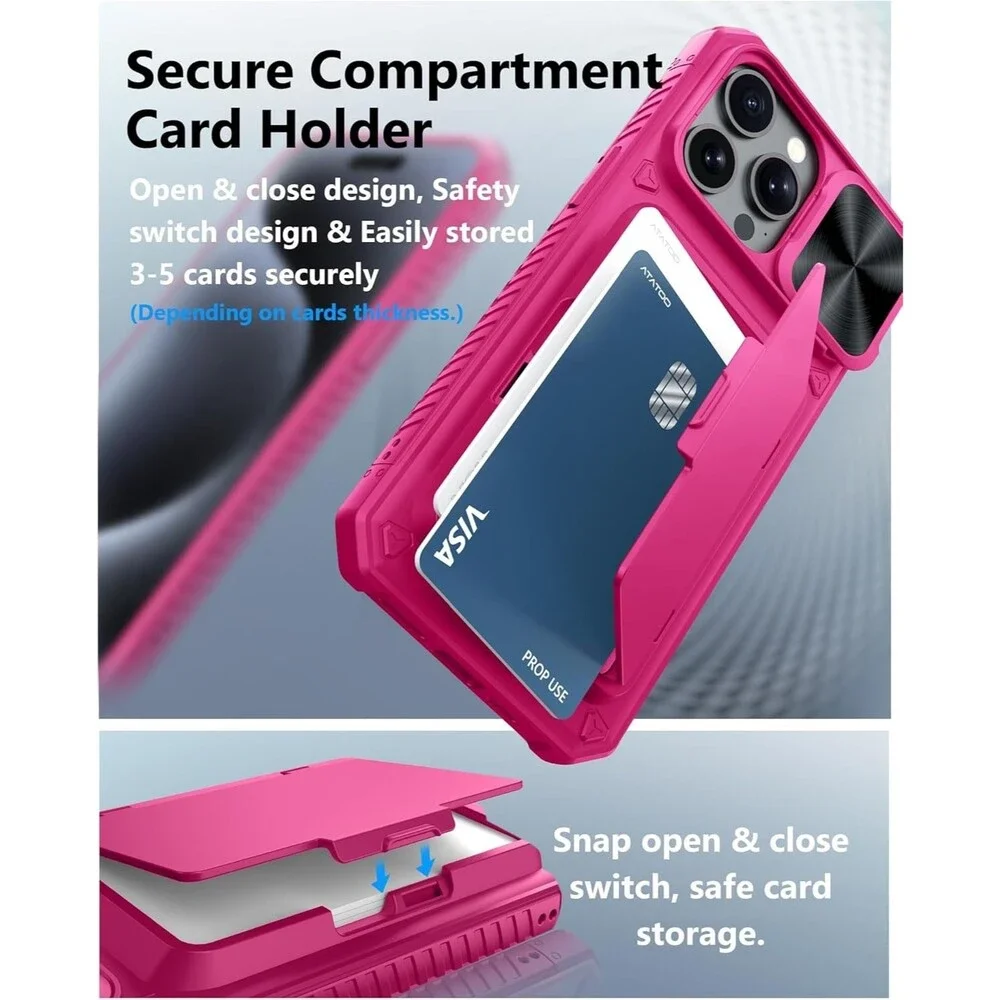 iPhone 15 Pro Max Wallet Case - Sliding Camera Cover - Military Grade - Hot Pink
